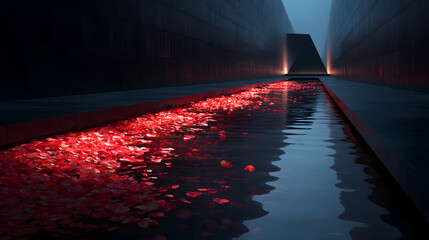 Bright petals gently drifting on a reflective water pool beside a solemn monument creating a peaceful tribute with soft movement and mirror-like calm