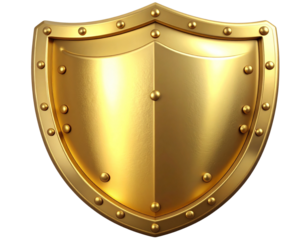 3D rendered polished golden shield with rivets and central boss, isolated on transparent background PNG