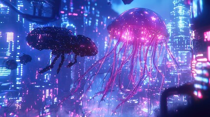 Neon city landscape with futuristic creatures.