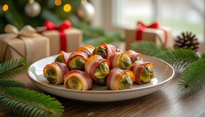 Christmas Streaky bacon wrapped Brussel sprouts with decoration, gifts, green tree branch on wooden rustic table