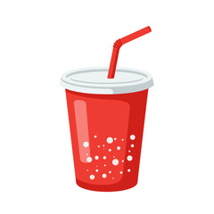 Cup of soda with red straw and bubbles in a classic red and white takeaway cup design