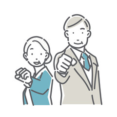 A simple and stylish line drawing of business people in their 40s and 50s taking on new challenges in a positive way