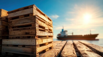 A stack of wooden pallets placed against a stunning seascape, capturing the fusion of industry and nature with a warm sunlit atmosphere in the background.
