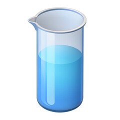 Isometric illustration of a laboratory beaker filled with clear blue liquid on black background