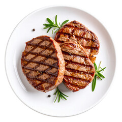 Top view of Grilled steak placed on a plate isolated on transparent background, object, cut out