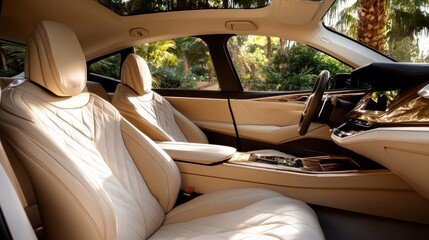 Fototapeta premium The plush interior of a luxury car exudes sophistication and comfort, inviting passengers to indulge in a premium driving experience wrapped in elegance and style.