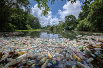 Plastic bottles litter a tranquil lake