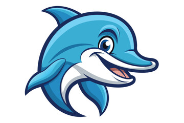 Cheerful cartoon dolphin with bright blue gradient smiles broadly showing its tongue on white background