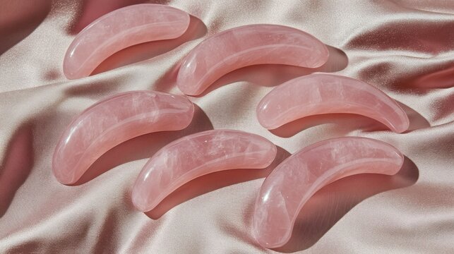 Pink quartz crescent-shaped massage tools on blush satin