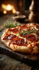 Delicious pepperoni pizza with fresh herbs served on rustic wooden table in cozy warm setting