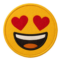 Embroidery patch of love emoji with heart-shaped eyes and a love expression on transparent background