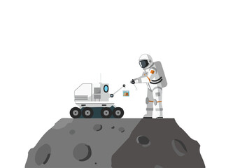 Astronaut collects lunar sample with robotic arm on a rocky moonscape. Clean, modern illustration. Perfect for space, science, and technology themes.
