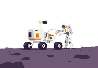 Astronaut collects lunar samples with rover on the moon's surface Clean modern illustration with a focus on exploration and scientific discovery Suitable for educational and promotional use