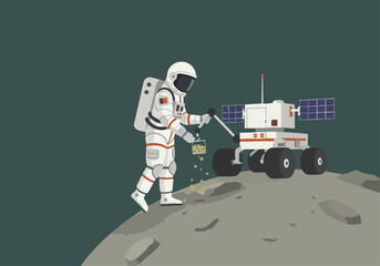 Astronaut collects lunar samples with a rover on the moon's surface. A clean, modern illustration with a dark background highlights the mission.