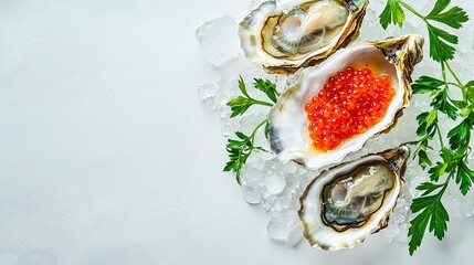 Exquisite seafood arrangement of oysters, caviar, and herbs on rustic wood—perfect for luxury menus.