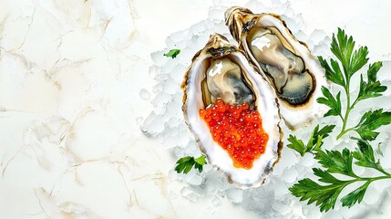 Gourmet oysters served with red caviar and herbs, highlighting fine dining and culinary artistry.