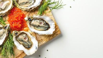 Fresh oysters on a wooden platter with red caviar and green herbs. The scene highlights gourmet seafood presentation.
