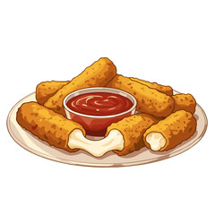 Mozzarella sticks with dipping sauce on a plate in a warm golden and red color palette