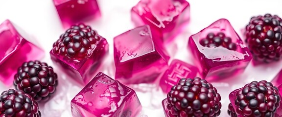 Dark purple blackberry ice cubes on a white background, still life, winter