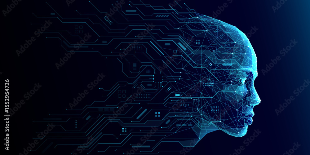 Aufkleber AI Humanoid Face Concept. Technology Digital Robot Head Side View with Circuit Board Components. Tech Blue Background. Artificial Intelligence Agent or Assistant Concept. Vector Digital Illustration.
