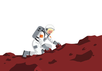 An astronaut explores a rugged Martian landscape, collecting a sample. A detailed, vibrant illustration showcases space exploration and scientific discovery.