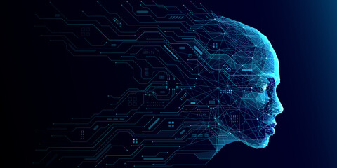 AI Humanoid Face Concept. Technology Digital Robot Head Side View with Circuit Board Components. Tech Blue Background. Artificial Intelligence Agent or Assistant Concept. Vector Digital Illustration.