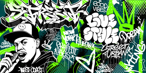 Graffiti background vector with throw-up, tagging hand-drawn, spray paint effect, drips style. Illustration Street art graffiti urban theme for prints, banners, and wall art.