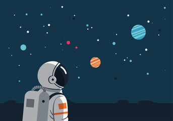 An astronaut gazes at planets in a dark, starry sky. A modern, minimalist design with a focus on space exploration and wonder. Suitable for tech, science, and travel themes. © Vector Factory