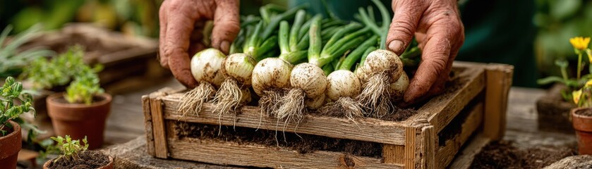 Homegrown crop gathering with hands arranging fresh onion harvest into wooden crate, backyard farm ritual and soil-to-crate produce captured in seasonal rhythm and garden nourishment
