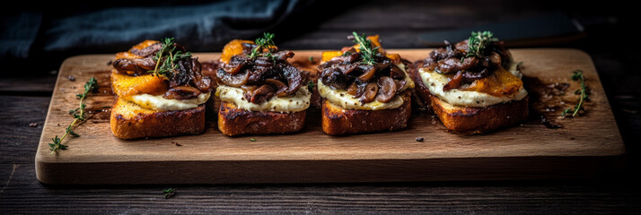 Toasted bread with creamy spread, savory mushrooms, and roasted pumpkin sits on a rustic table with fresh thyme, making a perfect seasonal breakfast, banner