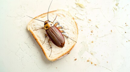Large cockroach resting on a slice of white bread