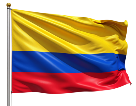 3D rendered Colombian flag waving with realistic fabric texture, isolated on transparent background PNG