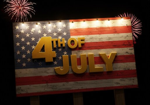 Rustic wooden sign with american flag design and gold lettering reading fourth of july with fireworks and string lights
