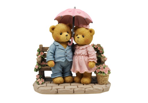 Romantic Teddy Bear Figurine A Couple Sharing an Umbrella on a Park Bench isolated on transparent background - Powered by Adobe
