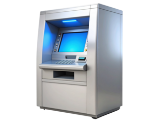 3D rendered ATM with glowing screen and cash dispenser, isolated on transparent background PNG