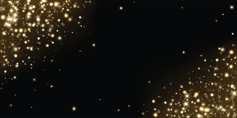 Add as overlay to any background or photo by using Screen mode. Golden glitter corners with glow, sparkles and bokeh. Festive frame for Christmas, New Year, invitations, celebration banners. Vector.