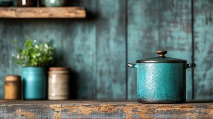 Fototapeta premium A charming rustic turquoise pot sits on a wooden shelf, surrounded by jars and green plants, creating an inviting atmosphere filled with warmth and homeliness.