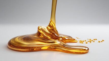 Shiny golden liquid being poured onto a white surface