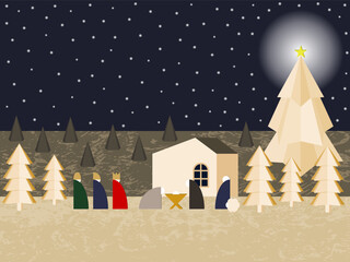 Vector Illustration Depicting Traditional Christmas Nativity Scene at Night.