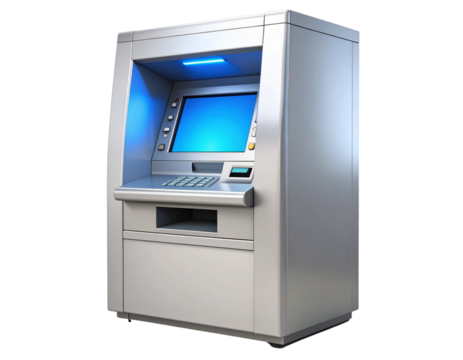 3D rendered ATM with glowing screen and cash dispenser, isolated on transparent background PNG