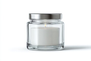 Professional candle jar mockup, clear glass on white background, realistic shadows
