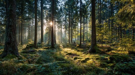 Fototapeta premium Sunlight piercing through forest trees amid diverse natural ground vegetation and woodland textures