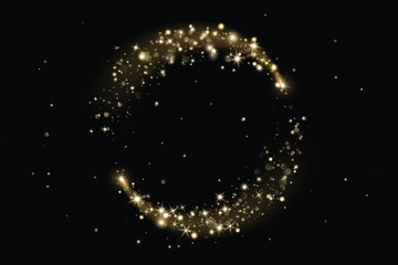 Add as overlay to any background or photo by using Screen mode. Golden glitter circle with sparkling lights, glow. Magic dust effect. Festive frame for Christmas, New Year cards, party posters.Vector.