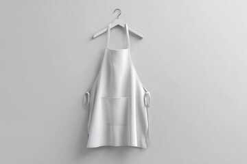 Realistic apron mockup hanging on hook, white fabric, clean studio photo