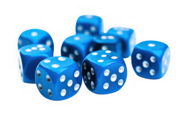 High-resolution image of multiple blue dice with white dots, perfect for gaming and probability visuals, isolated on transparent background