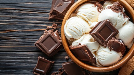 A tempting image of creamy ice cream served in a bowl, complemented by rich chocolate squares, showcasing indulgence and the joy of dessert in a visually appealing way.