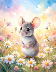Adorable mouse in a meadow of colorful flowers with a dreamy sky