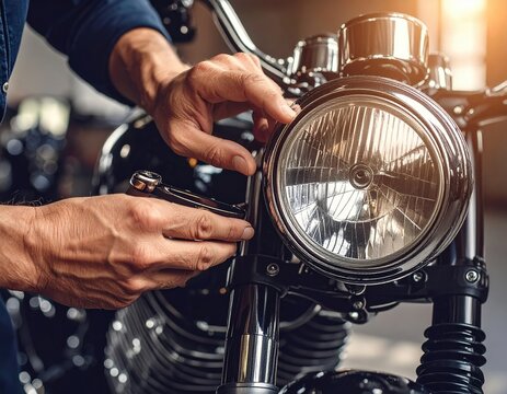 Caucasian male adjusting motorcycle headlight with tools in garage