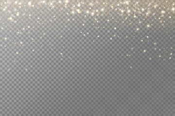Golden glitter lights and glowing particles falling from the top. Festive vertical overlay for Christmas, New Year, celebration design. Remove transparent background in vector file.