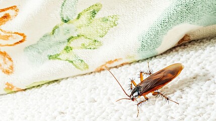 A close-up of a brown cockroach on a textured surface next to a patterned fabric. The cockroach has long antennae and a shiny exoskeleton.